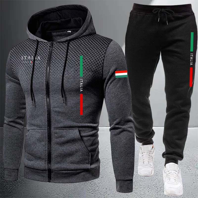 Winter Clothing Gear - ชุดวอร์มผู้ชาย เสื้อฮู้ดมีซิปแบบลำลอง เสื้อโค้ทสำหรับเล่นกีฬากลางแจ้ง ชุดวิ่งออกกำลังกาย เสื้อผ้าฤดูใบไม้ร่วงและฤดูหนาว แจ็คเก็ตและกางเกงแบบมิกซ์แอนด์แมทช์
