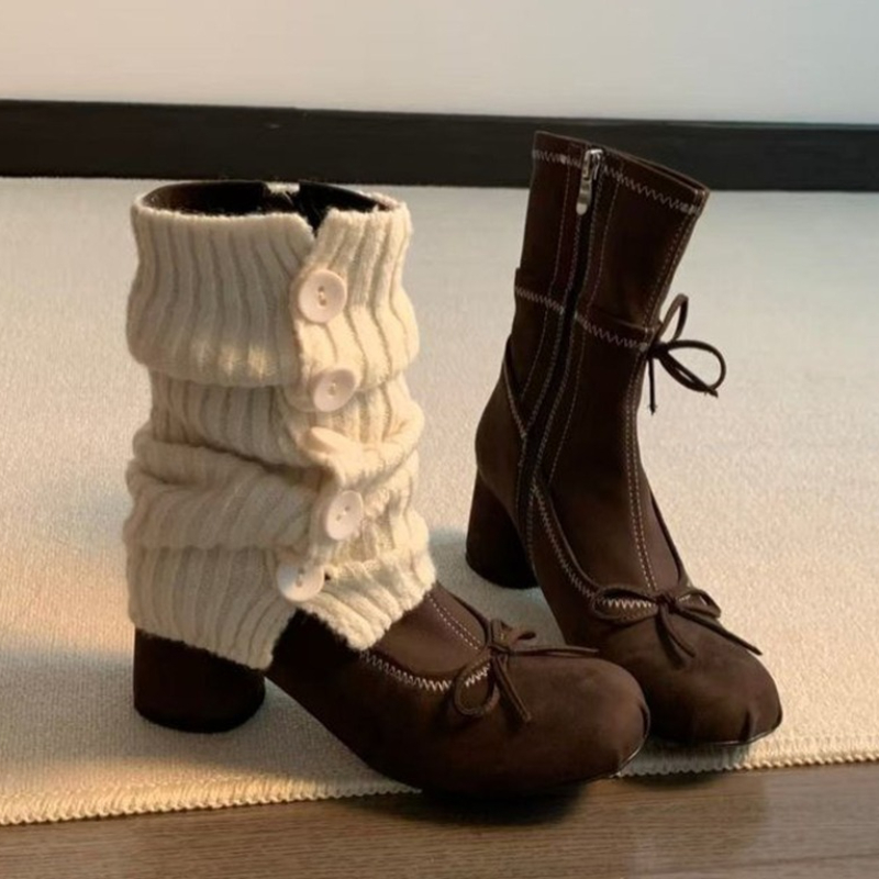 Winter Clothing For Woman - รองเท้าบูทส้นสูงแบบผูกโบว์สำหรับผู้หญิง รองเท้าแมรี่เจนแบบใหม่ ฤดูหนาว 2025 รองเท้าบูทเชลซีหนังกลับดีไซน์เนอร์ ส้นหนา