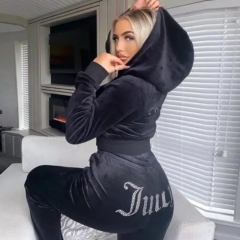 Winter Clothing For Woman - 2025 ใหม่ฤดูหนาว Juicy Coutoure ผู้หญิงกํามะหยี่เพชรแขนยาวกางเกง Hoodie