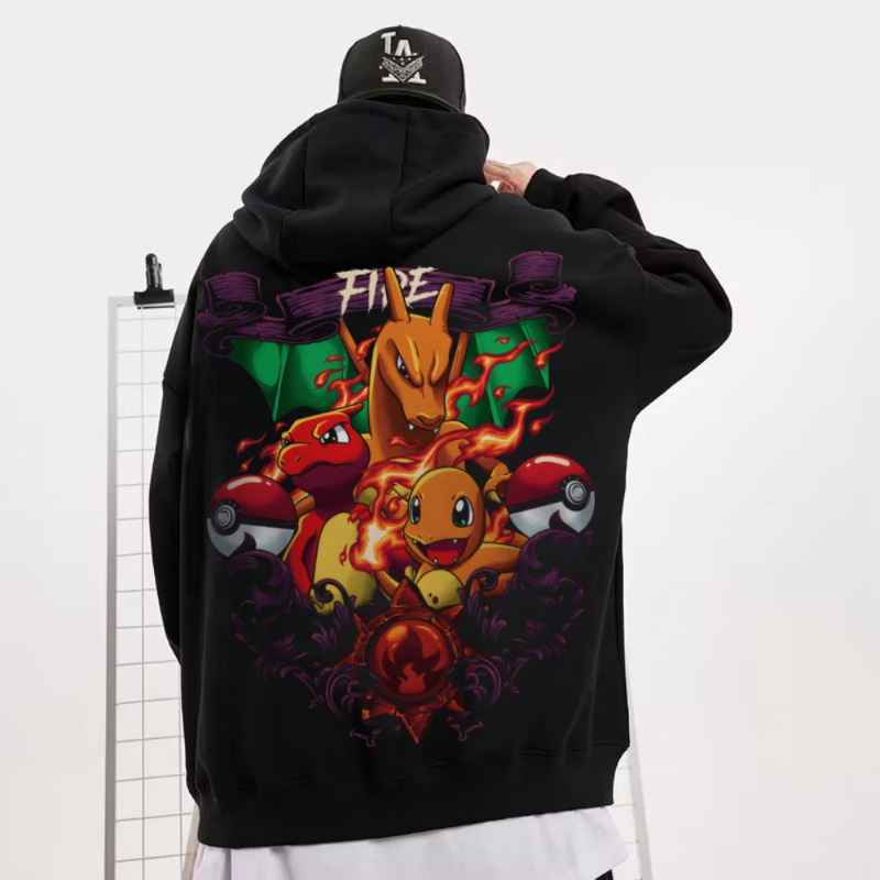 Winter Clothing In Japan - เสื้อฮู้ดกำมะหยี่พิมพ์ลายโปเกมอน ไฟร์ดราก้อน สีดำ ไซส์ใหญ่พิเศษ 4XL สำหรับผู้ชายและผู้หญิง