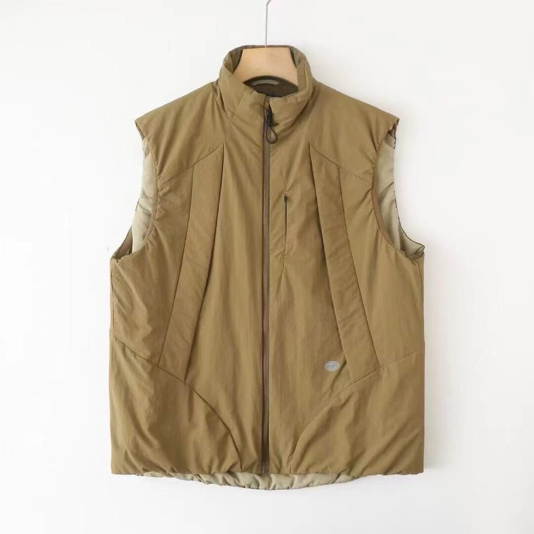 Padded Vest Gilet - เสื้อกั๊กสไตล์อเมริกันเรโทรเทคแวร์ คอตั้ง ซิปหน้า ยูนิเซ็กส์ สำหรับฤดูใบไม้ร่วง เสื้อกันหนาวแบบสวมใส่ทำงาน