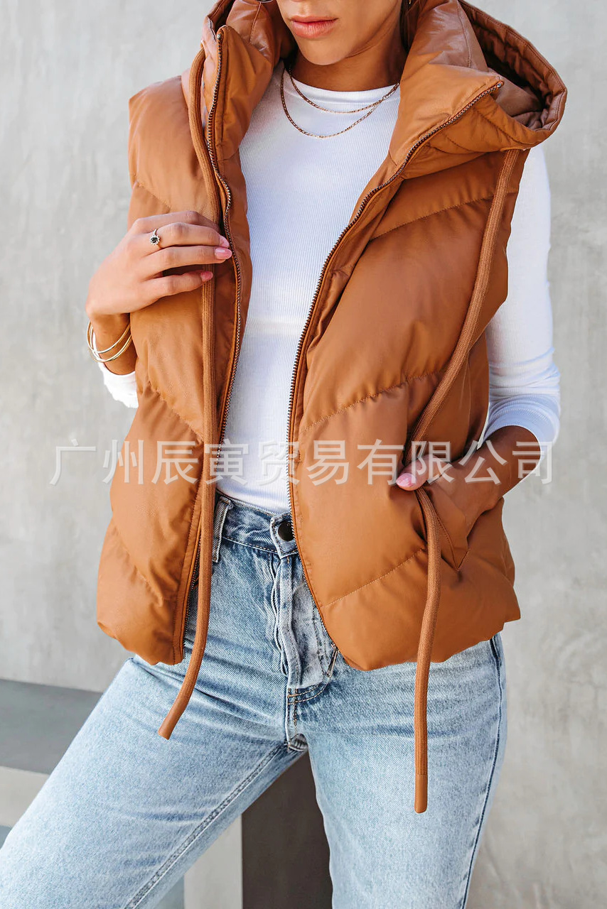 Padded Vest Gilet - เสื้อกั๊กมีฮู้ดสีทึบสำหรับผู้หญิง เสื้อกั๊กแขนกุดแบบสั้นทรงหลวม หนา อบอุ่น สวมใส่สบาย เหมาะสำหรับการเดินทาง