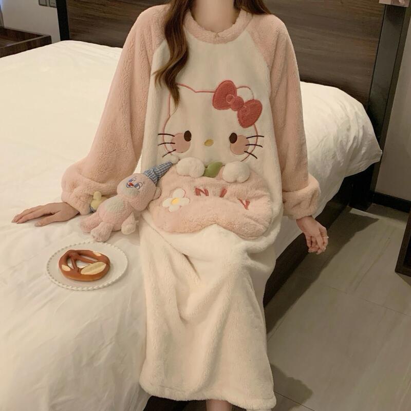 Winter Clothes Shop - ชุดนอนฤดูหนาวเฮลโล คิตตี้ผู้หญิงฤดูใบไม้ร่วงฤดูหนาวคอรัลกำมะหยี่หนาชุดนอนผ้าสักหลาดน่ารักการ์ตูนเสื้อผ้าบ้านอิน