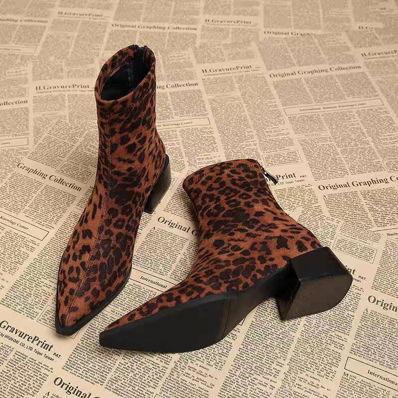 Winter Clothing For Woman - รองเท้าบูทส้นเตี้ยผู้หญิงสไตล์โมเดิร์น หัวแหลม แฟชั่นสำหรับงานปาร์ตี้ รองเท้าสั้นทรงสลิมสไตล์วินเทจ