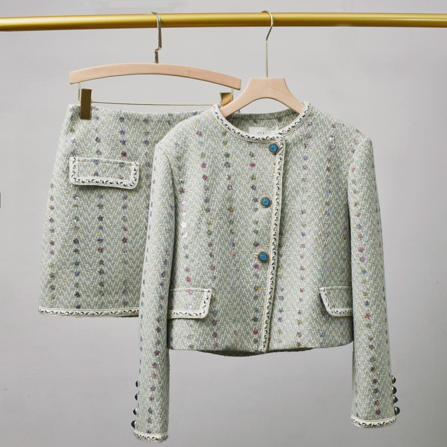 Winter Clothing Matching - ผู้หญิงElegant Tweedหรูหราชุดเสื้อแจ็คเก็ตด้านบนและกระโปรง 2 ชิ้นชุดชุดจับคู่ฤดูหนาวJacquardหอมPartyเสื้อผ้า