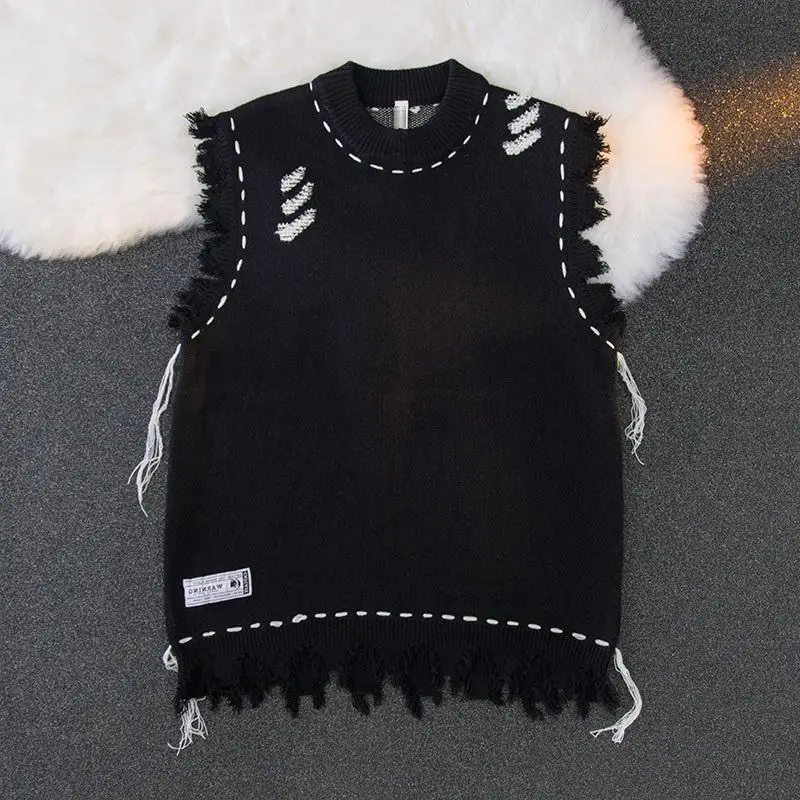 Winter Clothes Shop - สเวตเตอร์ถักสำหรับผู้ชายเสื้อฮิปปี้แขนกุดเสื้อกั๊กขาดเสื้อโค้ทเสื้อกั๊กมีรูแบบคลาสสิกโอเวอร์ฟิตถักสวยงาม