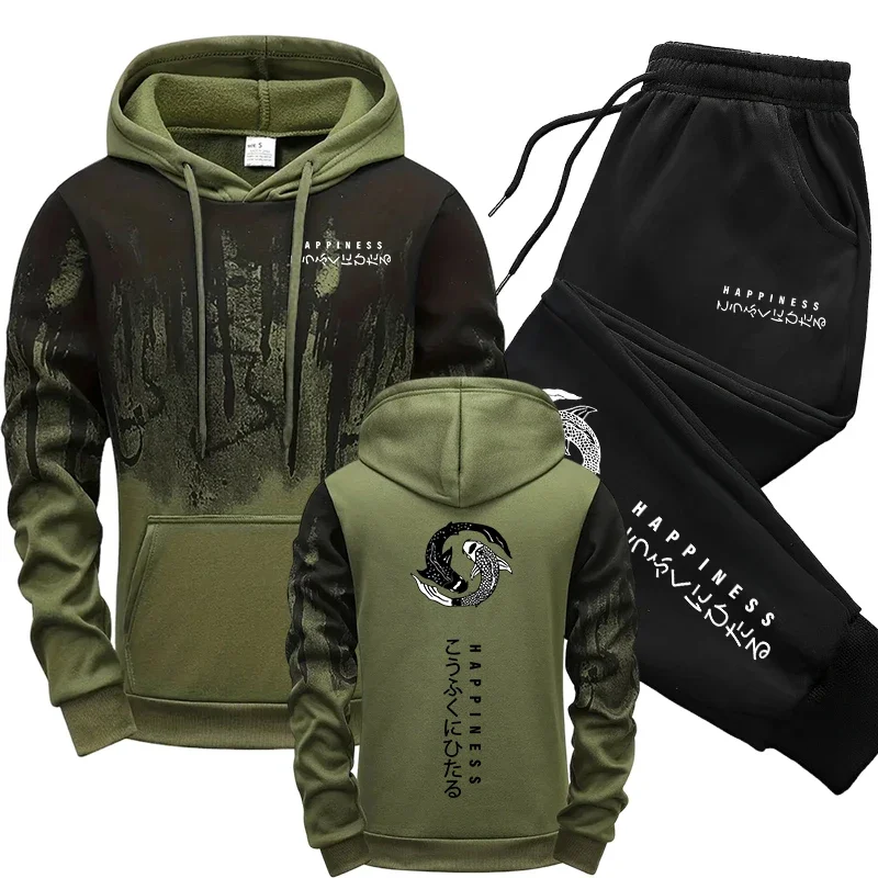 Winter Clothing Gear - ชุดเซ็ตเสื้อฮู้ดและกางเกงวอร์มแฟชั่นญี่ปุ่นสำหรับผู้ชาย 2 ชิ้น ชุดลำลองสำหรับฤดูใบไม้ร่วงและฤดูหนาว สไตล์สปอร์ต เหมาะสำหรับวิ่งจ๊อกกิ้งและลุคแฟชั่นในเมือง