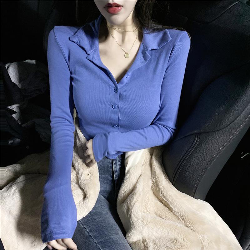 Winter Clothing Trends - เสื้อโปโล100พร้อมกระดุมสีฟ้าสำหรับผู้หญิงเสื้อยืดธรรมดาสำหรับฤดูใบไม้ผลิ-ใบไม้ร่วงเสื้อยืดสไตล์เกาหลีเทรนด์2025คุณภาพสูง