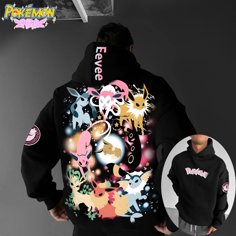 Winter Clothing In Japan - เสื้อฮู้ดพิมพ์ลายตัวละครโปเกมอนคลาสสิกปี 2025 ลายครอบครัวอีวุย สำหรับผู้ชายและผู้หญิง ฤดูใบไม้ร่วง/ฤดูหนาว ผ้าหนาและทรงหลวม