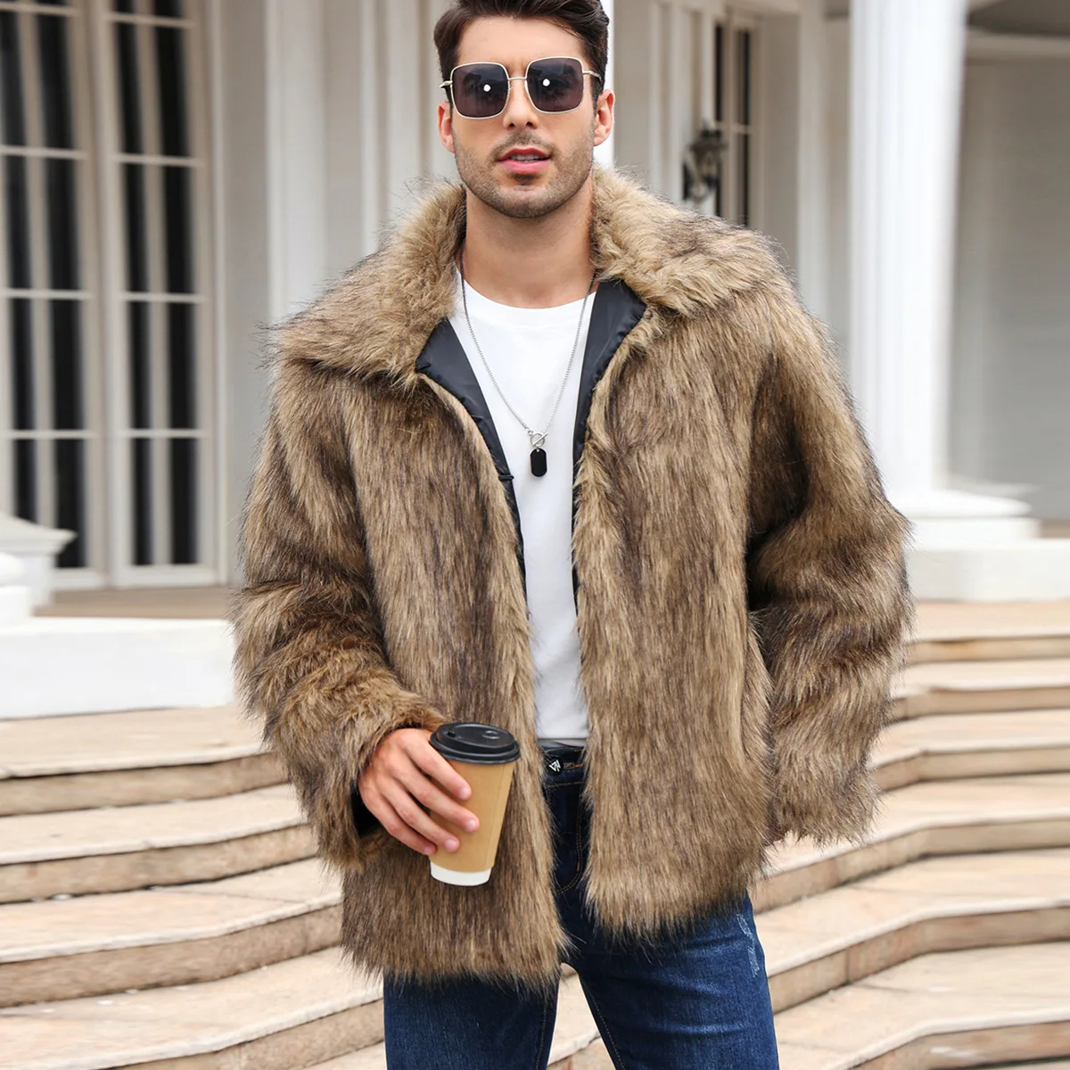Winter Clothing Matching - ผู้ชายFaux Foxขนสัตว์เสื้อแจ็คเก็ตฤดูหนาวหนาหนาแขนยาวWarm Shaggy Jacketหรูหราเสื้อขนสัตว์Bontjasแจ็คเก็ตบุรุษ