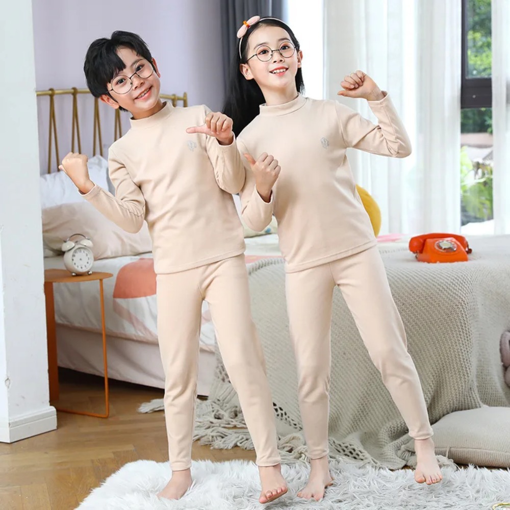 Thermal Base Layer - ชุดชั้นในกันหนาวเด็กแบบคอปกกลาง - ชุดลองจอนผ้าสองด้านเนื้อนุ่ม สำหรับเด็กวัยหัดเดินและเด็กโต ชุดชั้นในสำหรับใส่ในบ้าน