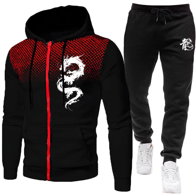Winter Clothing Gear - ชุดเซ็ตแฟชั่นลายพิมพ์มังกรปารีสสำหรับผู้ชาย เสื้อฮู้ดและกางเกงขายาวอุ่นๆ ชุดฮู้ดเรียบง่ายสำหรับฤดูหนาว เสื้อผ้าผู้ชายลดราคา