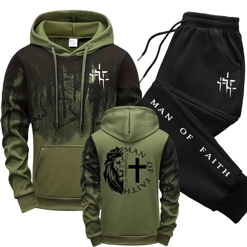 Winter Clothing Gear - ชุดเซ็ตผู้ชายลาย Man of Faith เสื้อฮู้ดและกางเกงวอร์มสีดำ สำหรับฤดูใบไม้ร่วงและฤดูหนาว