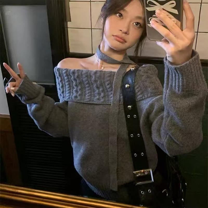 Winter Clothing Trends - เสื้อผ้าแฟชั่นผู้หญิง คอเฉียง แขนยาว เสื้อไหมพรมถัก สไตล์ฤดูใบไม้ร่วง ฤดูหนาว